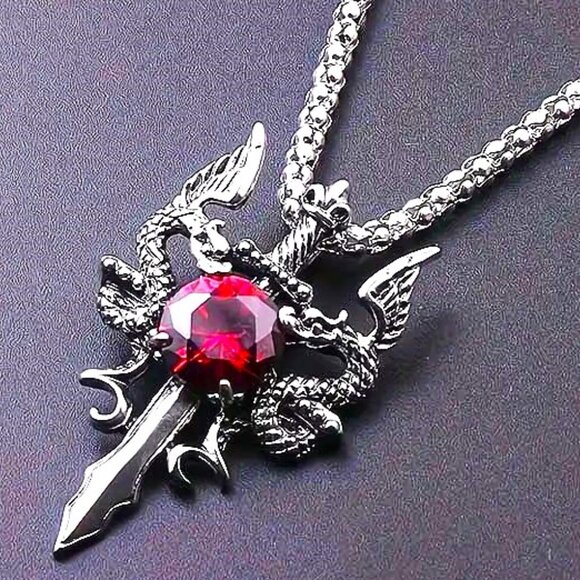 Necklace Double Dragon Sword Blood Swords Daggers Silver Chain Gemstone Y2k Goth - Picture 2 of 3